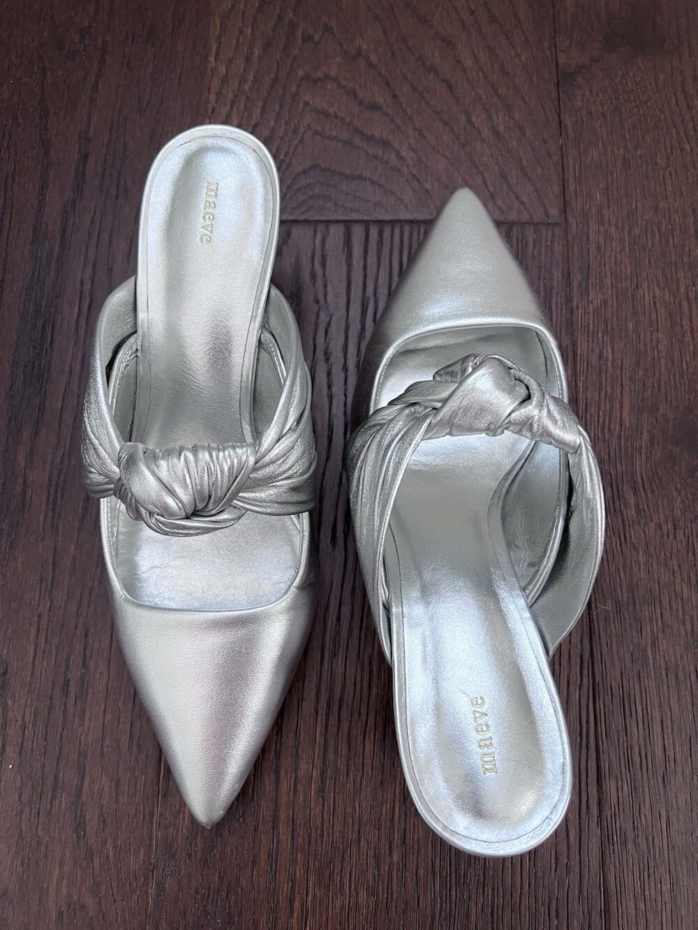 Anthropologie Maeve Silver Knotted Kitten Heels Size 6